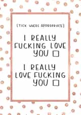 Rude Tick Box Anniversary Card / Valentines Day Card - Polka Dots - I Really Fucking Love You created by Esther the Sketcher