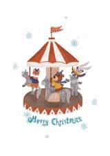 Cute bear and friends on carousel - Christmas card created by Alena Novikava