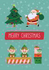 Cute elves, Santa, gifts, and xmas tree Christmas card created by RedNosedBadger