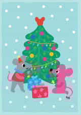 Cute mices around the Christmas tree with presents and gifts decorating created by @Doodle Bunny