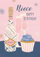 Niece prosecco and cupcake birthday card created by Rebecca Prinn