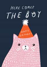 Funny Cat Birthday Card - Here Comes the Boy - Cute Pink Cat with Party Hat created by Holly Walsh