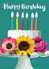 Brightly Coloured Happy Birthday Cake with Candles and Summer Flowers created by Sarah Kelleher