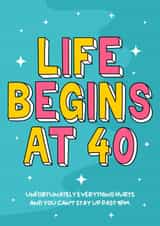 Life begins at 40 - funny cheeky joke birthday card for those lucky 40 year olds created by Wafflemamaart