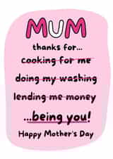 Cute Mothers Day Card - Mum - Thanks For Being You! created by Gobbygifts