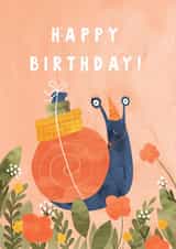 Birthday card with a funny snail. created by Moonflower design