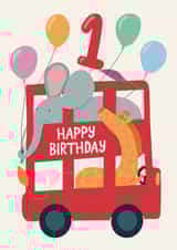 1st Birthday Bus with Elephant and Giraffe Card created by Christine Cuddihy Illustration