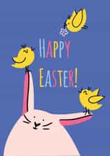 Cute easter bunny card with little chickens around it created by Nastea Fedorenko