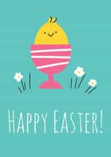 Easter greeting card with a little chicken in a painted egg cup created by Nastea Fedorenko