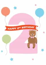 Cute Kids 2 pink 2nd Birthday card with bear, birthday balloons and stars created by Hello Fridays Studio