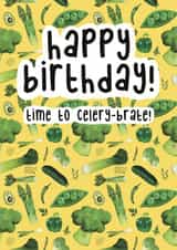 Happy birthday veg ‘celery-brate’ pun card created by Jen James