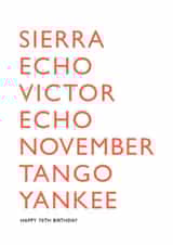 70th birthday card using NATO phonetic police military radio alphabet created by PaperPaper