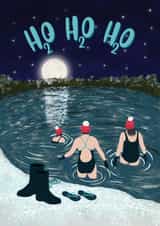 Christmas wild swimming with friends at night in the snow card created by suzcreate