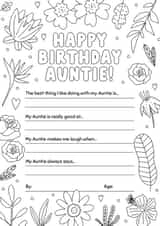 Birthday Colouring-in Flowers Card for Auntie 1001 created by Evie Garnett Designs