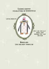 Christmas card featuring Bernard the grumpy penguin. created by Eggbert & Daisy