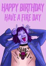 Stranger Things Happy Birthday Card - Eddie Munson - Have a Fire Day created by Morgan Masters