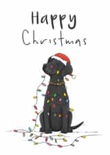 Cute Christmas card featuring a Black Labrador wrapped up in fairy lights created by Lucy Driver