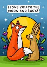 I love you to the moon and back, cute fox and hare lovers anniversary card created by Wafflemamaart