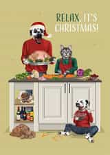 Playful Christmas Card - Dalmatian and Cat Prepare Christmas Dinner created by Dotty Dog