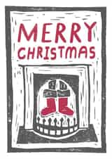 Santa stuck in the chimney funny linocut style Christmas card created by Kati Lacey Illustration