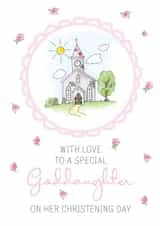 Classic Christening day card - for goddaughter - pink floral church design created by Silly Prints