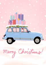 Pink Merry Christmas card with blue retro car Renault 4 created by Monsieur Dorian