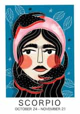 BEAUTIFUL ZODIAC ART CARD. SCORPIO START SIGN. PERFECT CARD FOR HER. created by NICHOLA COWDERY ILLUSTRATIONS 