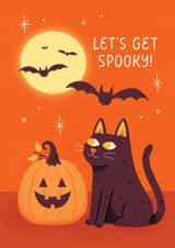 Cute Halloween Card - Bats, Cat and Pumpkin - Let’s Get Spooky! created by Liz Volpi