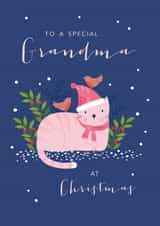 Cute Special Grandma Festive Cat and Robin Christmas card created by Klara Hawkins