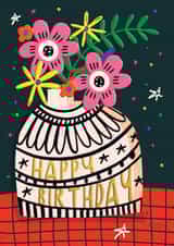 PRETTY BIRTHDAY CARD FOR HER. PRETTY FLOWERS AND VASE. created by NICHOLA COWDERY ILLUSTRATIONS 
