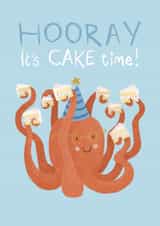 Cute Birthday Card for Kids - Octopus Eating Cake - HOORAY It's CAKE time! created by Claire Prendergast