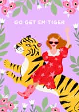 Positive Message Card for Friend or Loved One. Girl on Tiger - Go Get Em Tiger created by The Jaunty Cocoon