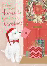 Cute Christmas card - Dog posting card - From Our Home To Yours At Christmas created by Louise Tiler