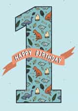 Cute Birthday Card - 1st - Dinosaurs created by Miss Mulberry Pie Illustration