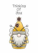 Cute sentiment card- Thinking of you, hand drawn bumble bee gnome created by Bonny Shatwell