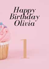 Cute, pink personalised birthday card for 1 year old girl called Olivia created by Absolute Shants