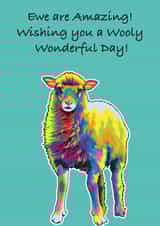 Cute vibrant sheep birthday card created by Woolly Mammoth Media