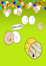 Easter Party Fashionistas, funny eggs in designer dress spring holiday card created by shackledlettuce designs