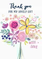 Colourful thank you card to say a huge thanks for a gift. Pretty flower bouquet. created by Katie Phythian Design