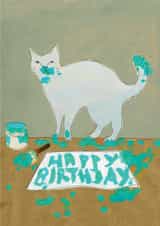 Cat with Paint Birthday Card, Artist Cat Card, Messy Cat Card. created by Greyling Post