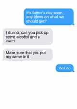 Funny conversation talking about buying a gift for father's day between siblings created by Laughable Letters