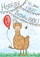 First birthday celebration card with cute alpaca and buzzy bee for boys or girls created by Peach Nut Studio