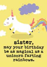 Cute and Funny Birthday Card - Magical Unicorn Farting Rainbows - Sister created by Mrs Best Paper Co.