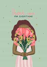 Cute thank you card - girl holding a floral bouquet in a pink dress created by Ingrid Poole