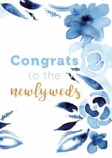 Fresh loose watercolour style unisex wedding card in sophisticated blue and gold created by DECKLED EDGE LTD