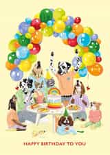 Whimsical Birthday Card - Pets Howling Happy Birthday around Rainbow Cake created by Dotty Dog