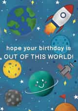 Space birthday card - out of this world - spaceship - planets - astronaut created by Rainee Collections