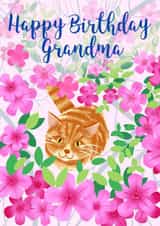 Pretty birthday card for Grandma - ginger cat - flowers created by Cathy Simpson