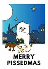 Funny Christmas card - snowman melted by pissing dog - MERRY PISSEDMAS created by Andrew Reeves