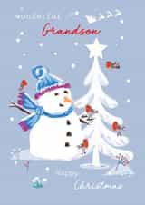 Cute Christmas Card - Grandson - Snowman and Robins created by SABIVO Design by Sabina